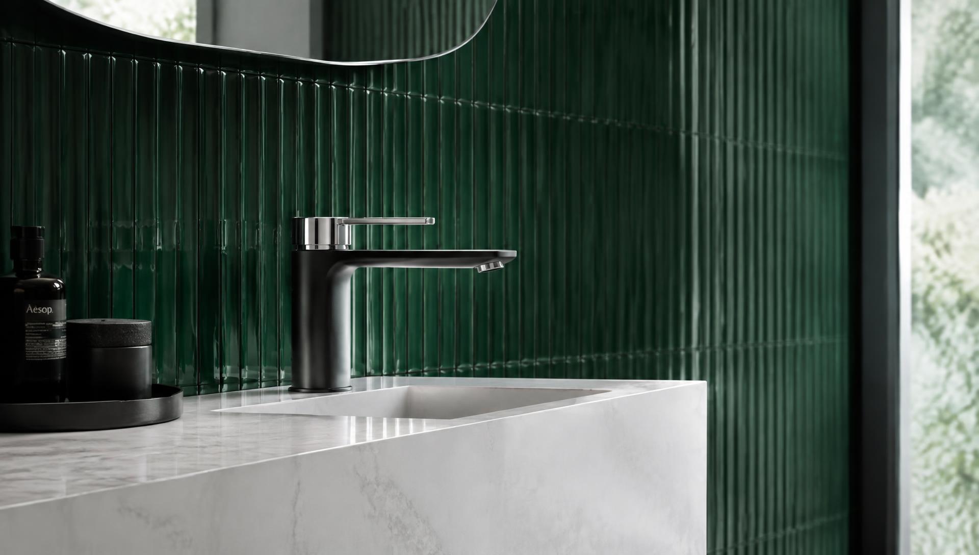 SkyHeaven basin mixer in a green tiled bathroom